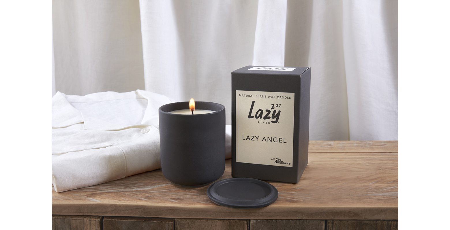 Black Lazy Linen Angel natural wax candle with lid