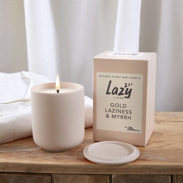 Lazy Linen Gold, Laziness & Myrrh Ceramic Natural Wax Candle Pot With Lid