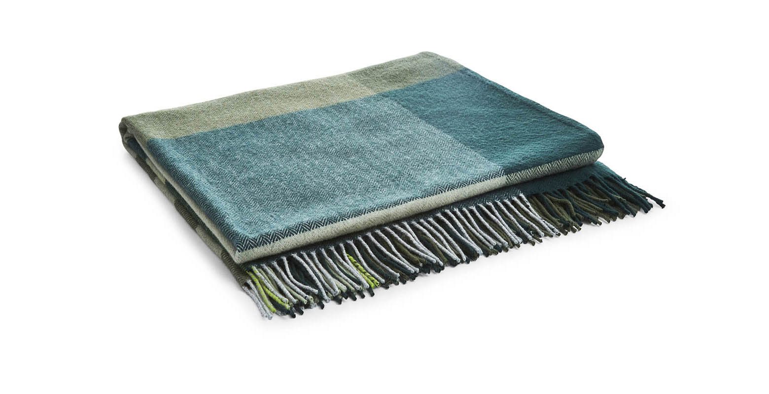 Cashmere wool blend green stripe fringed blanket